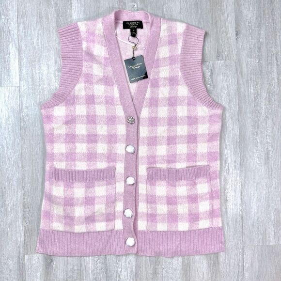 Charter Club Sweaters - Charter Club Luxury Women's 100% Cashmere Pink Gingham Sleeveless Sweater Vest
